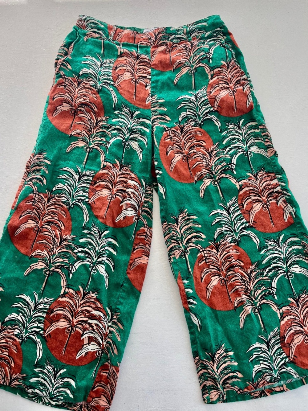 Nicole Miller 100% Flax Linen Tropical Palm Crop Wide Leg Pant Womens Large